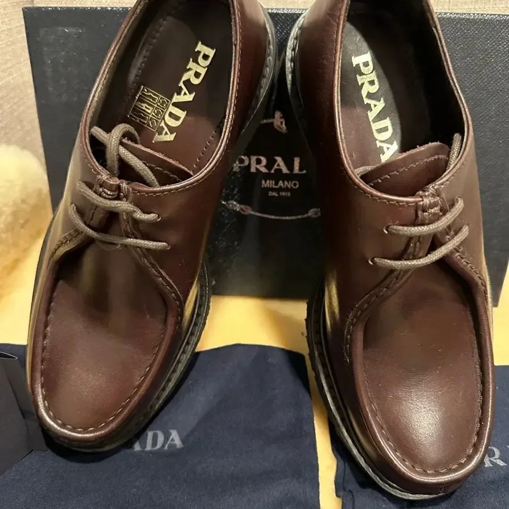 Prada Men’s brushed leathers lace up brown loafers Sz US 6, EU38,5-39, NIB